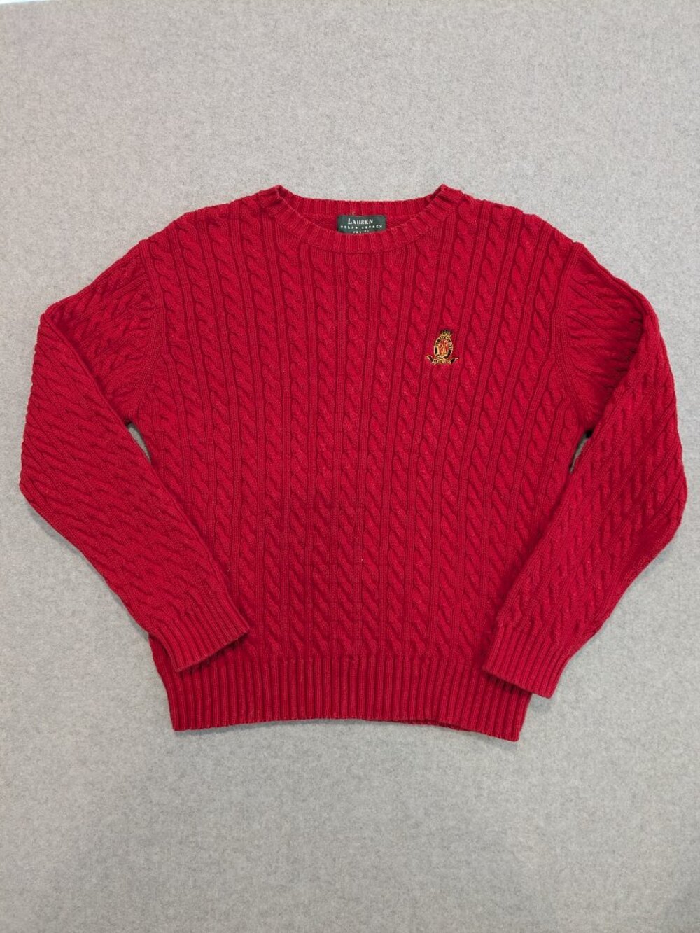 Vintage Lauren Ralph Pullover Sweater Gold Crest Red Cable Knit Cotton Large P